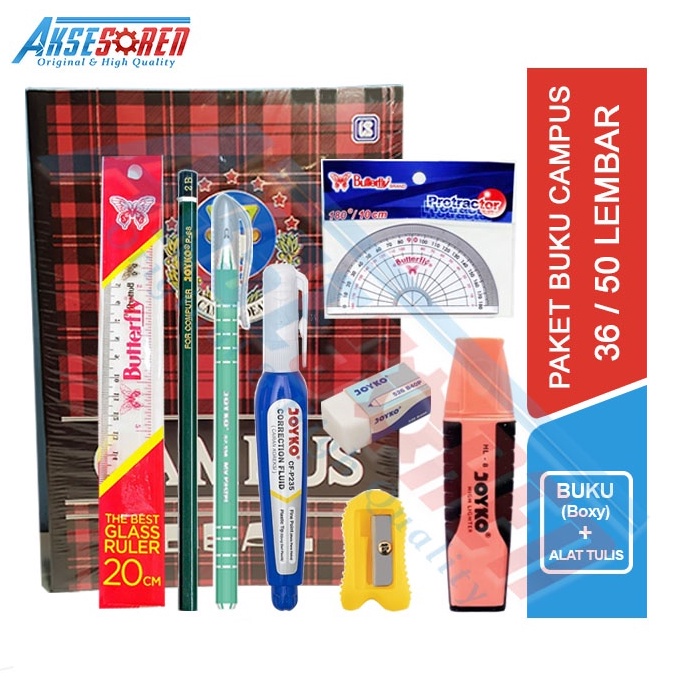 

[PROMO LSN3] Perlengkapan Paket Alat Tulis Ujian Sekolah Lengkap Joyko 1 Set / Buku Campus 50 58 Lembar / Buku Tulis Kampus 36 38 Penggaris Butterfly Rautan Pensil 2B Pulpen Jel Penghapus Besar Tipe X Joyko 200