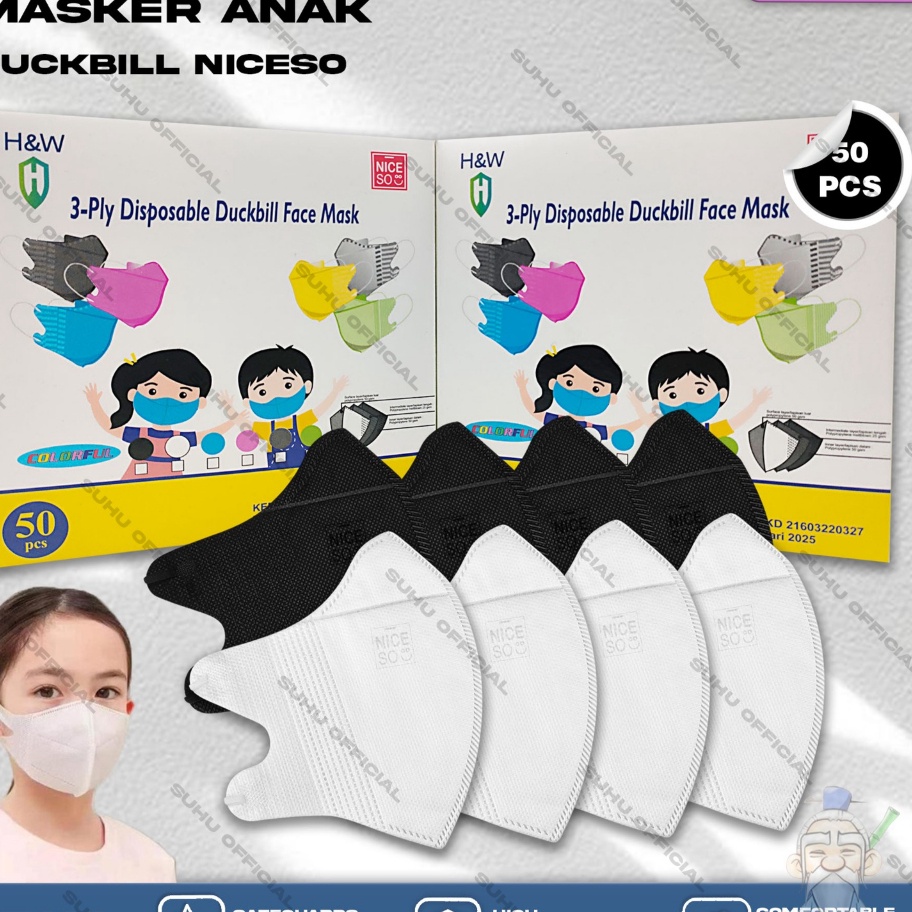 ➞✸✿ Masker Anak Duckbil NICESO 3Ply isi 50Pcs Putih Hitam Abu Warna Duckbill 3 Ply Earloop Surgical 