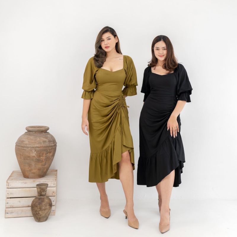 Tania - Dress Wolfis Jumbo Size / Dress Party Big Size Tali Serut Bawah / Midi Dress Kasual