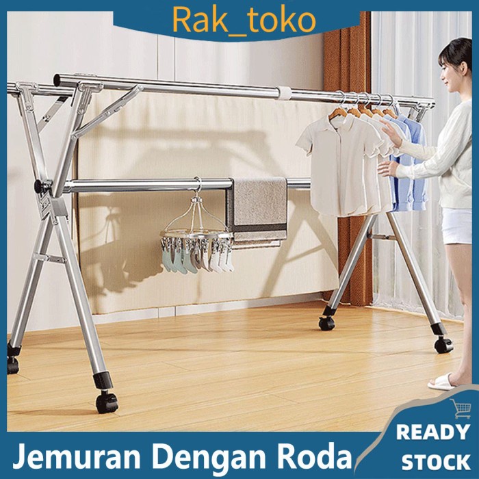 Jemuran Baju Lipat Stainless Steel Roda Jemuran Pakian