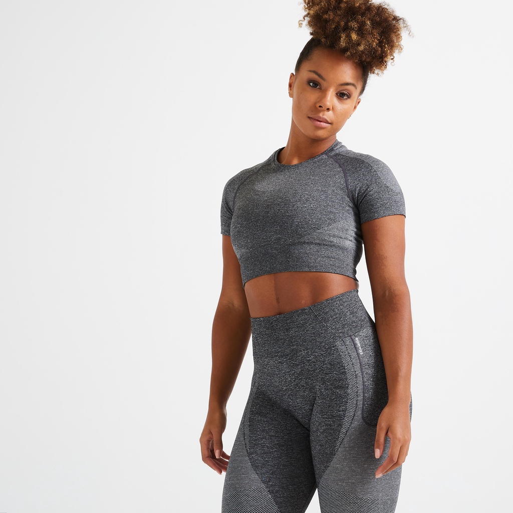Decathlon DOMYOS Kaus Lengan Pendek Cropped Seamless Fitness Wanita Abu-Abu - 8665888