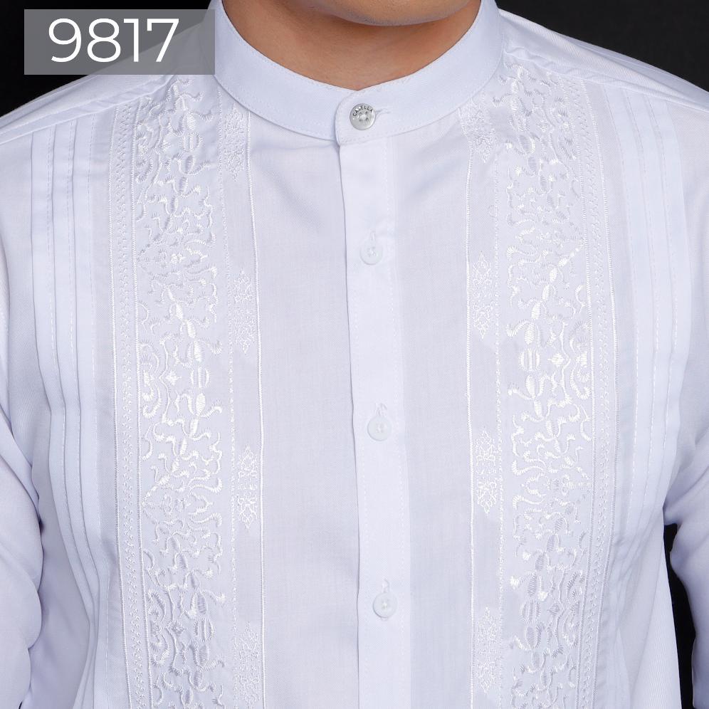 Promo Casella Baju Koko Pria Lengan Panjang Premium Bordir Pleats Design | Baju Koko Putih Lengan Panjang Hks78