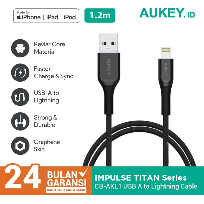 AUKEY CABLE MFI USB A TO LIGHTNING KEVLAR CABLE 1.2 M BLACK- 500420