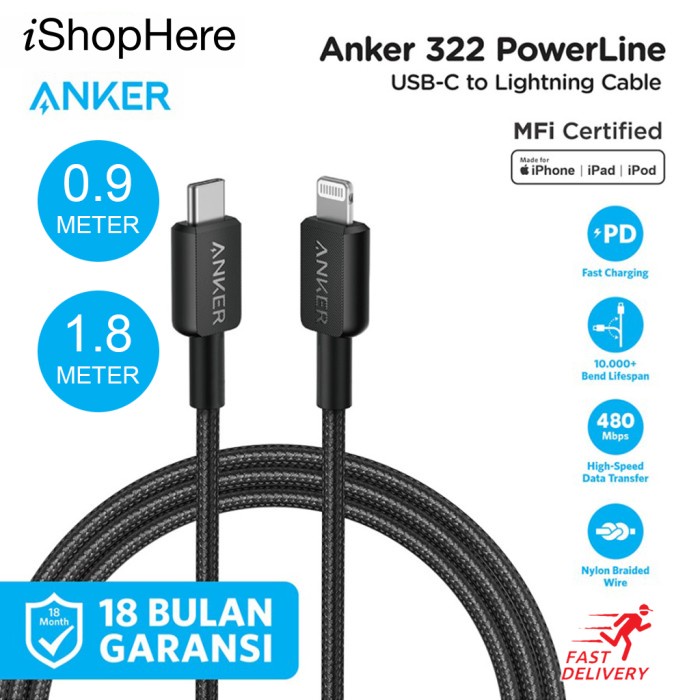 KABEL CHARGER IPHONE ANKER MFI TYPE C TO LIGHTNING 322 POWERLINE