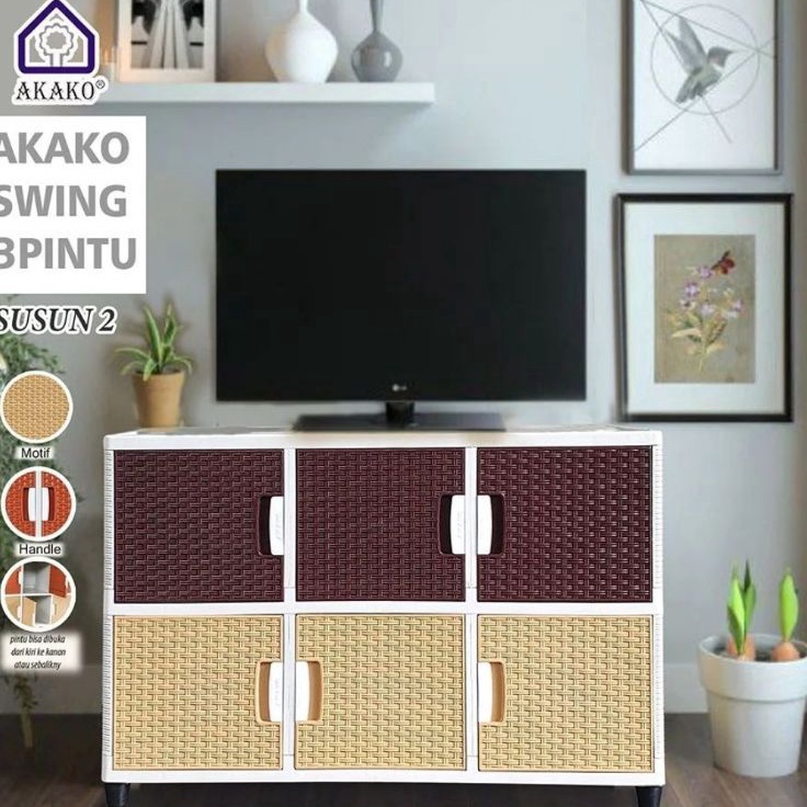☤Ljv AKAKO SWING- LEMARI PLASTIK AKAKO SWING 3 PINTU SUSUN 2 MOTIF ROTAN MINIMALIS/BUFET /RAK TV p S