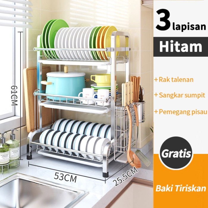 Rak pengering piring Rak dapur 3 susun Penyimpanan Mangkuk Minimalis