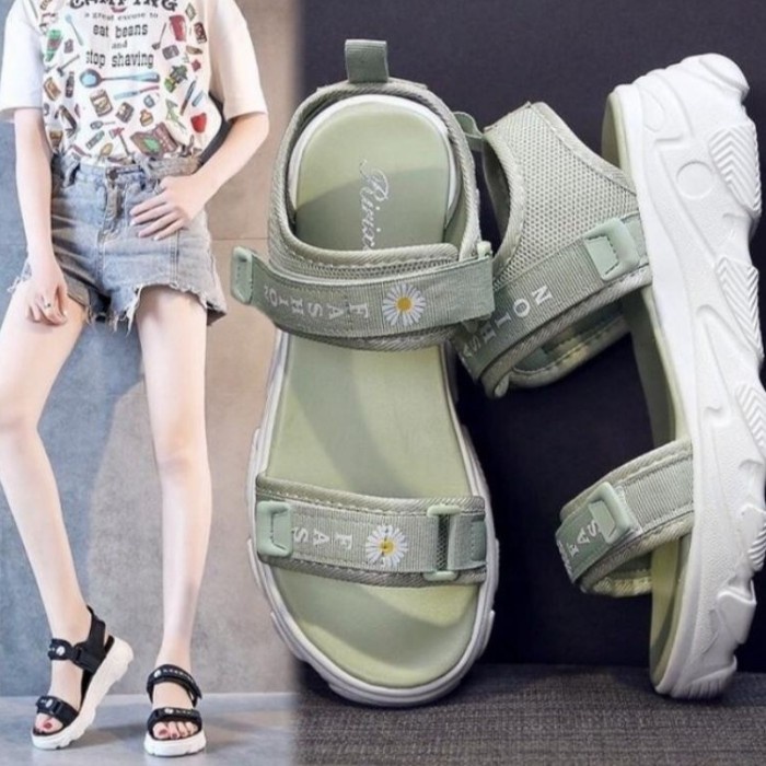 Sandal wanita gunung flower hijau army