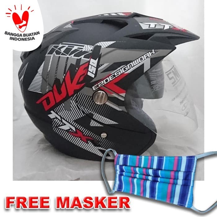 Helm Dmn 2 Kaca Double Visor Duke Black Doff Red