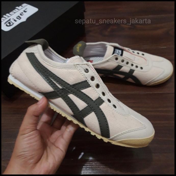 sepatu onitsuka slip on tanpa tali cream list army