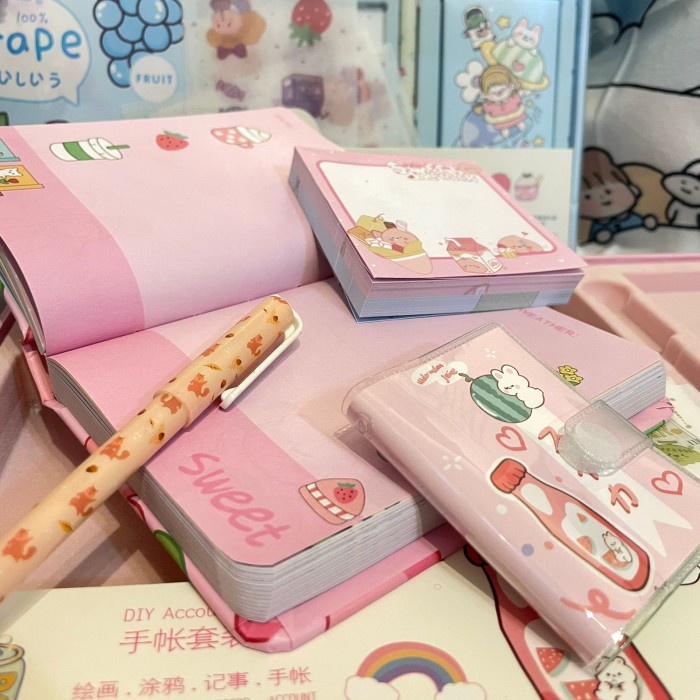 

New Paket Jurnal Peach 7In1 Set Alat Tulis Isi Pen Note Book Memo Lucu _.