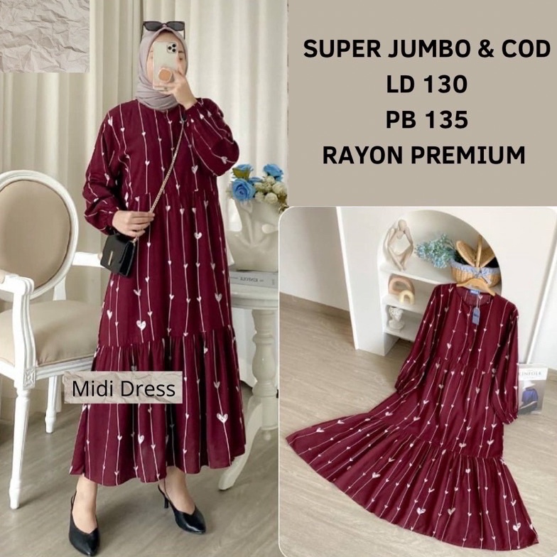 92 MIDI DRESS KEKINIAN MOTIF LOVE JUMBO LENGAN PANJANG RAYON PREMIUM BUSUI MIDI DRESS LENGAN PANJANG
