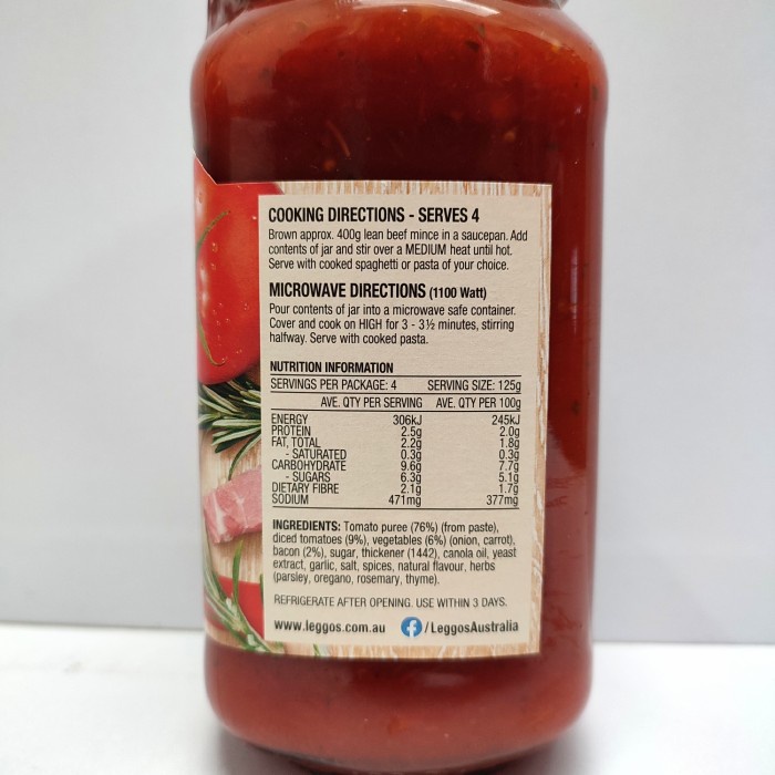 

Leggos Bolognese W/ Bacon Pasta Sauce 500Gr - Saus Bolognaise Leggo'S