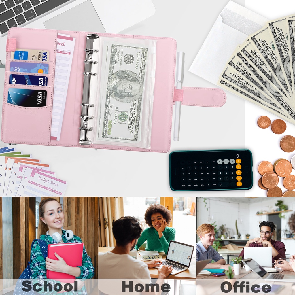 

A6 PU Binder Notebook Kulit Sistem Pengatur Perencana Anggaran Kas dengan Ritsleting Amplop Kas,