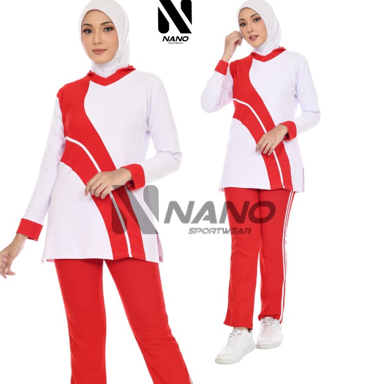 ➷ BAJU SENAM MERAH PUTIH / BAJU OLAHRAGA WANITA MERAH PUTIH/SETELAN BAJU OLAHRAGA MUSLIM/ BAJU SENAM
