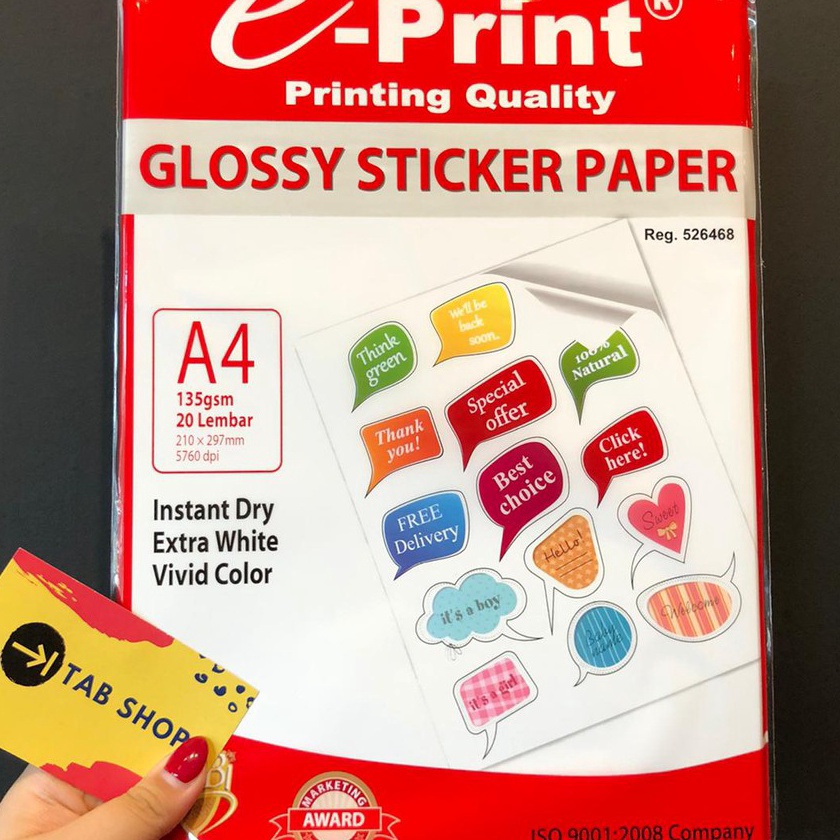 

(14➛Y☞/P> TAB SHOP - EPRINT KERTAS STIKER MENGKILAP A4 135 GSM - E-PRINT GLOSSY STICKER PHOTO PAPER A4 135 GSM 20 SHEETS -langsung.kirim..