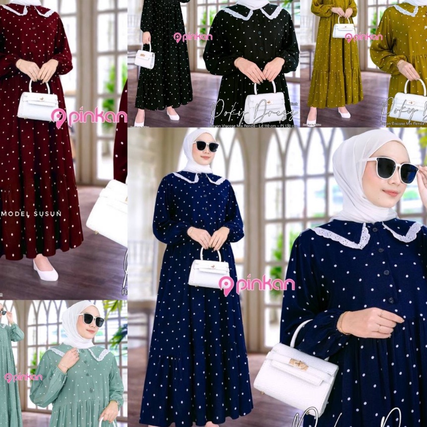 (0☼X✓/O] Poky Midi Dress Jumbo Ld 120 Terbaru Dan Kekinian Gamis Rayon Motif Polkadot Fashion Wanita
