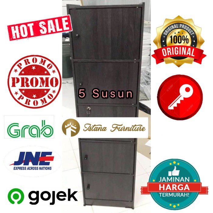 Lemari Rak Buku Serbaguna Loker Dokumen Kantor Kayu 5 Susun + Kunci