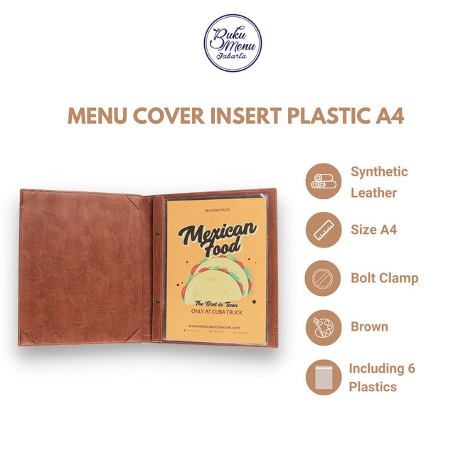 

Diskon,, BUKU MENU RESTORAN KULIT ISI PLASTIK A4 - COKLAT - READY STOCK