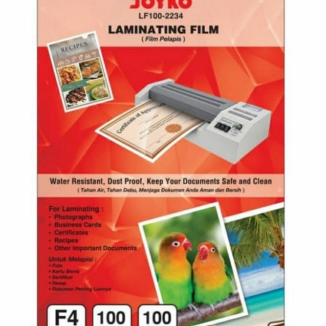 

Terlaku,! Plastik Laminating f4 Joyko 100 micron Sepak(100lembar)