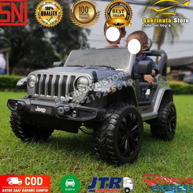Mainan Anak Mobil Aki Jeep Rubicon Ban Karet Jok Kulit 4Wd
