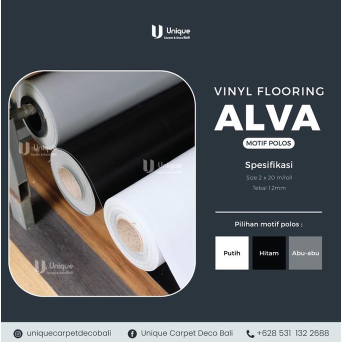 *****] Vinyl Flooring Roll Alva Polos Warna Abu, Putih, Hitam Tebal 1.2mm