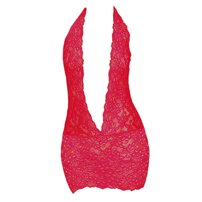 Lingerie Chemise Halterneck Merah Transparan, Belahan Dada Rendah