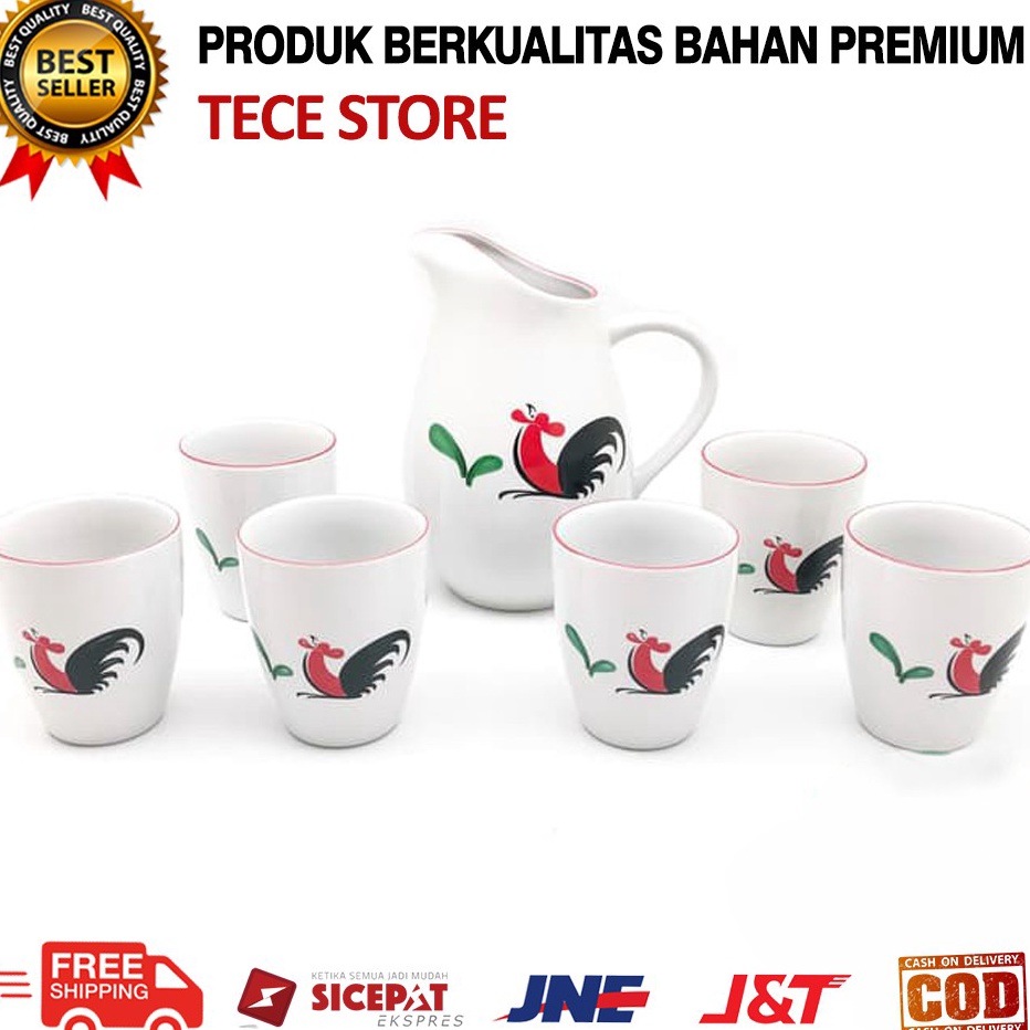 ✾✱ Teko Set Set Water Jug & 6 Gelas Ayam Jago Seri 2 Hampers Gift Paket Lebaran N5J6 Cangkir Kopi Te