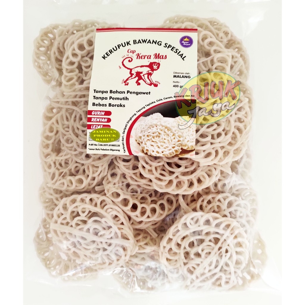 

Kerupuk ( Mentah ) Bawang Spesial Cap Kera Mas 400 Gram