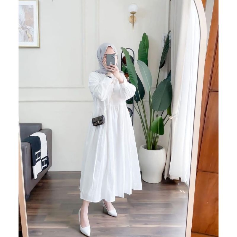 GAMIS PUTIH TERBARU CRINCLE AIRFLOW DRESS PUTIH BROKRN WHITE