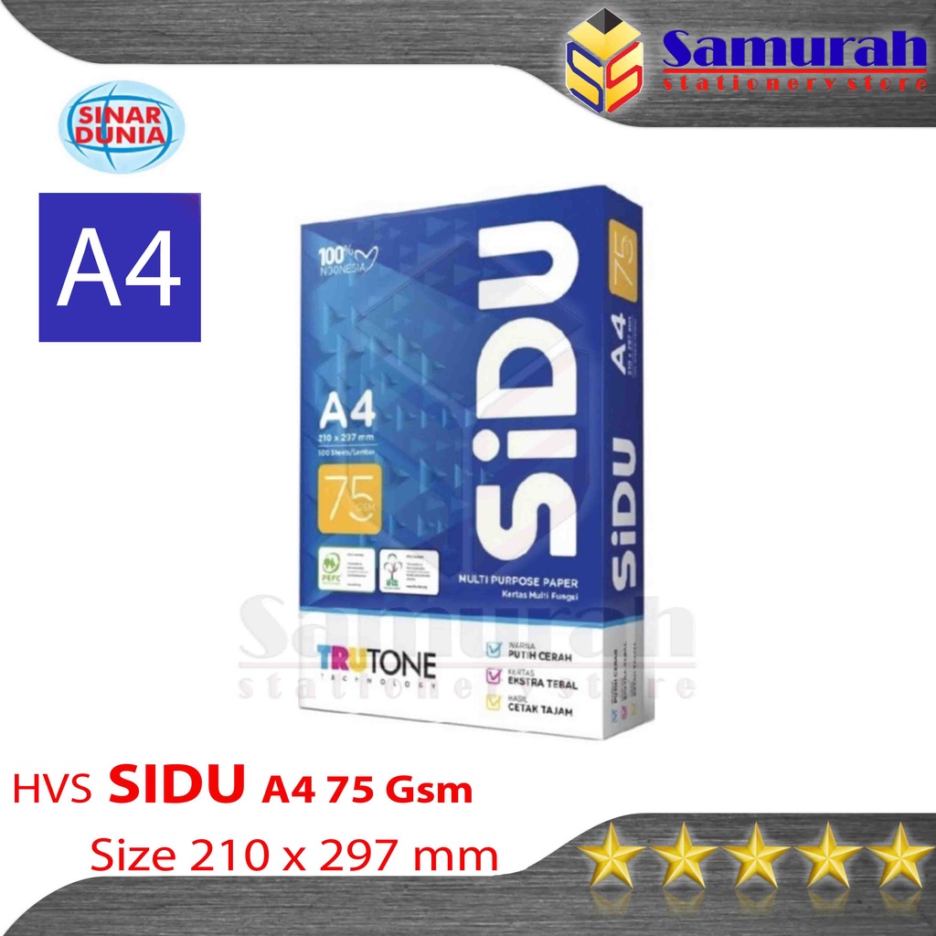 

Kertas Hvs Sinar Dunia A4 75 Gsm / Hvs Sidu A4 75 Gram / Kertas Print Kantor Hvs Putih Sidu 75Gsm