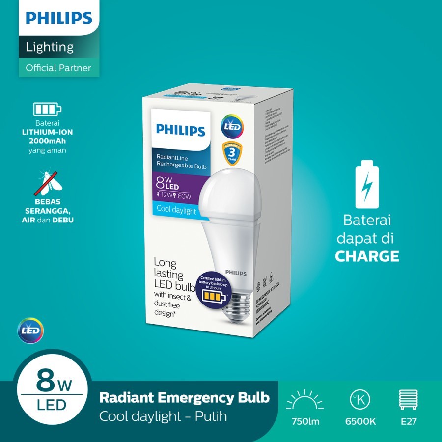 Philips Radiantline Rechargeable Emergency / Darurat LEDBulb 8W 6500K E27