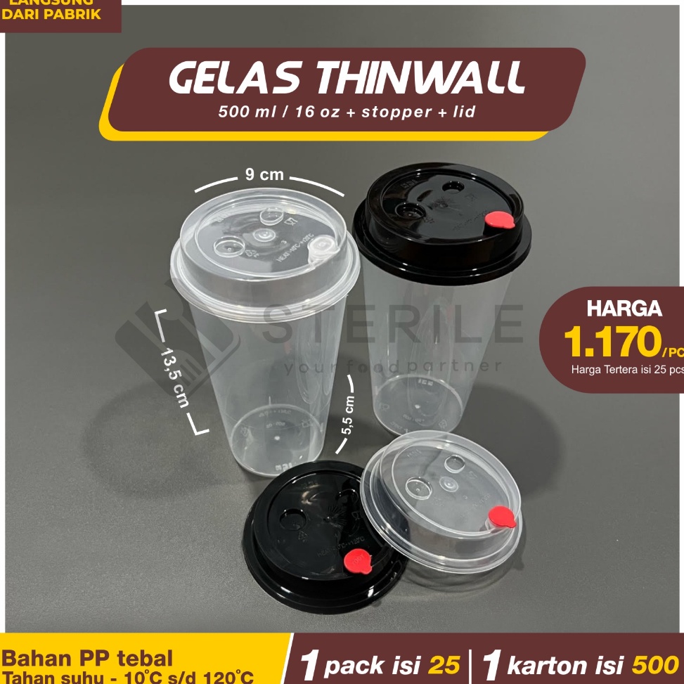 qwha -0 GELAS THINWALL OVAL 500 ML 16 OZ + TUTUP ISI 25 PCS / GELAS PP INJECT 500 ML / GELAS BOBA TE