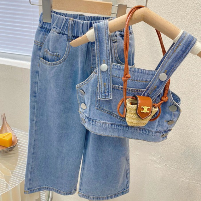 Setelan Atasan Crop Tali Monyet Celana Jeans Anak Import