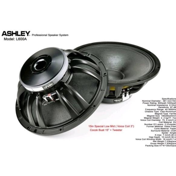 DISKON SPEAKER ASHLEY L600A UKURAN 15 INCH 1000 watt karakter mid low