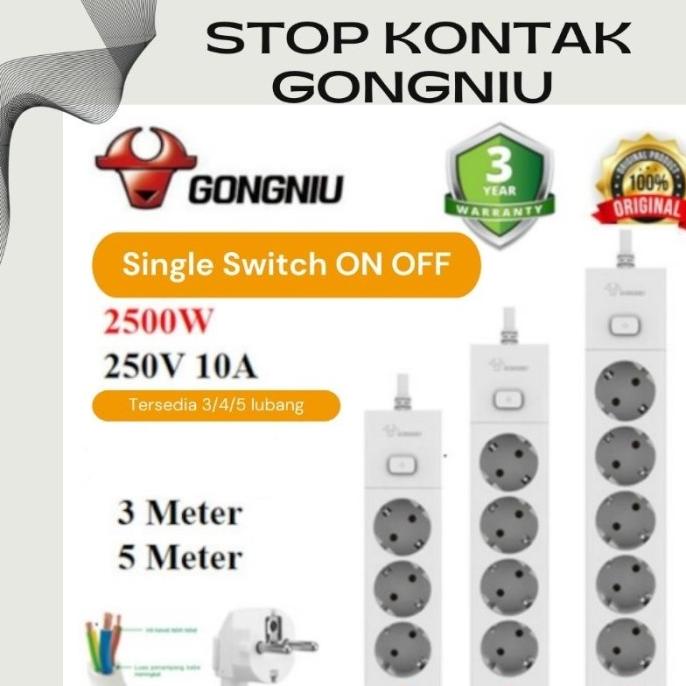 *:*:*:*:*] Stop Kontak GONGNIU/GONEO Single Switch On Off + Kabel. 3,4,5 Lobang