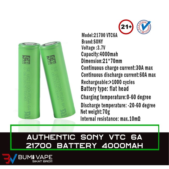 BATERAI SONY VTC6A 21700 AUTHENTIC MURATA VTC 6A 30A 4000MAH