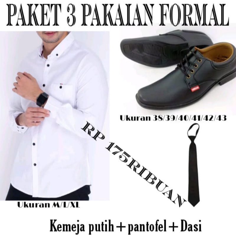 promo 3 paket. kemeja putih pria panjang polos+Sepatu Pantofel tali hitam+dasi hitam polos