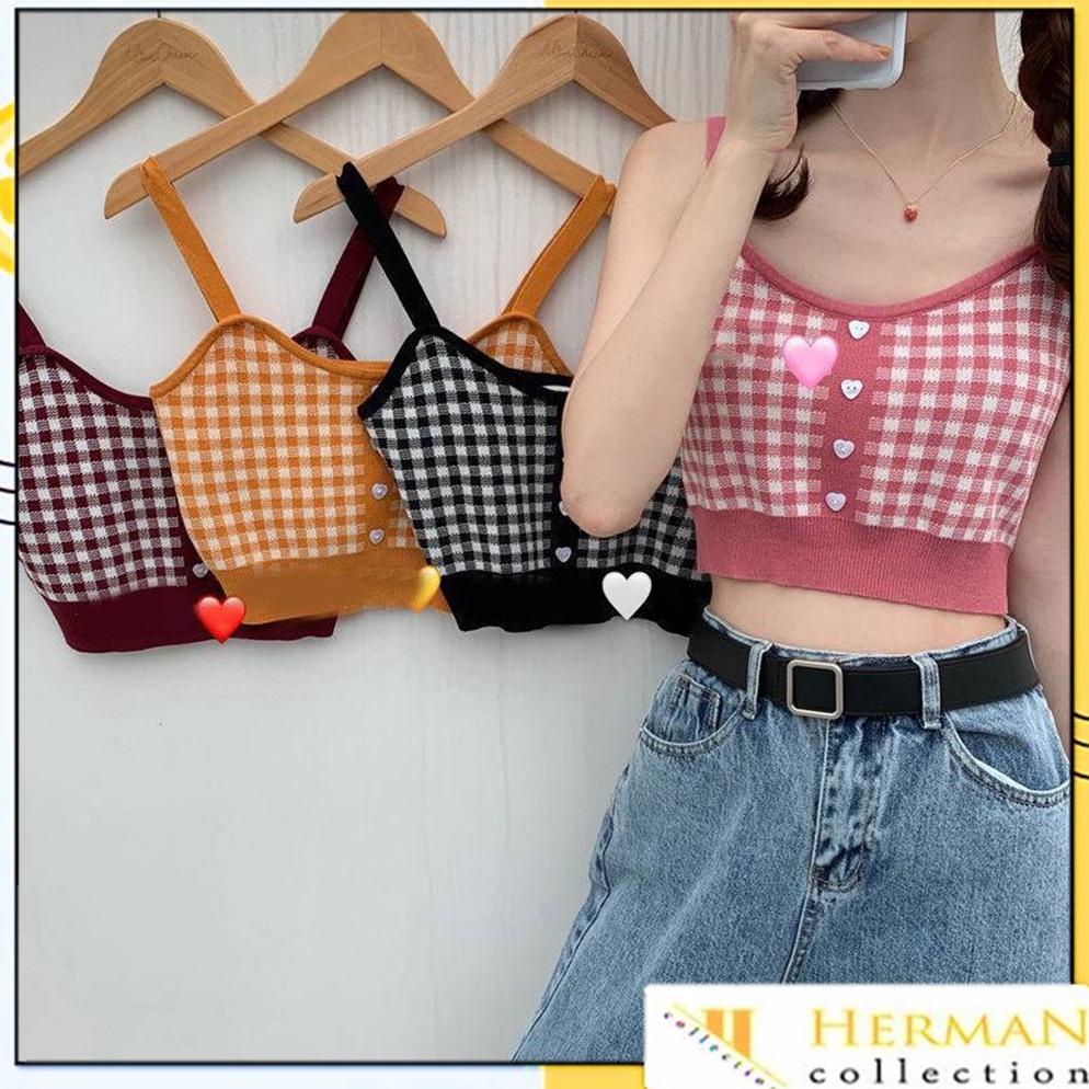 Viral Hc Tank Top Crop Wanita Motif Kotak - Kotak 6611 Korean Square Knit Tanktop Fashion Korea
