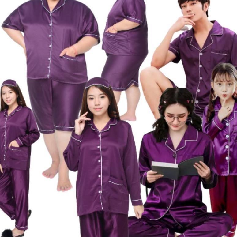 baju tidur satin polos setelan / SET couple ibu anak ungu