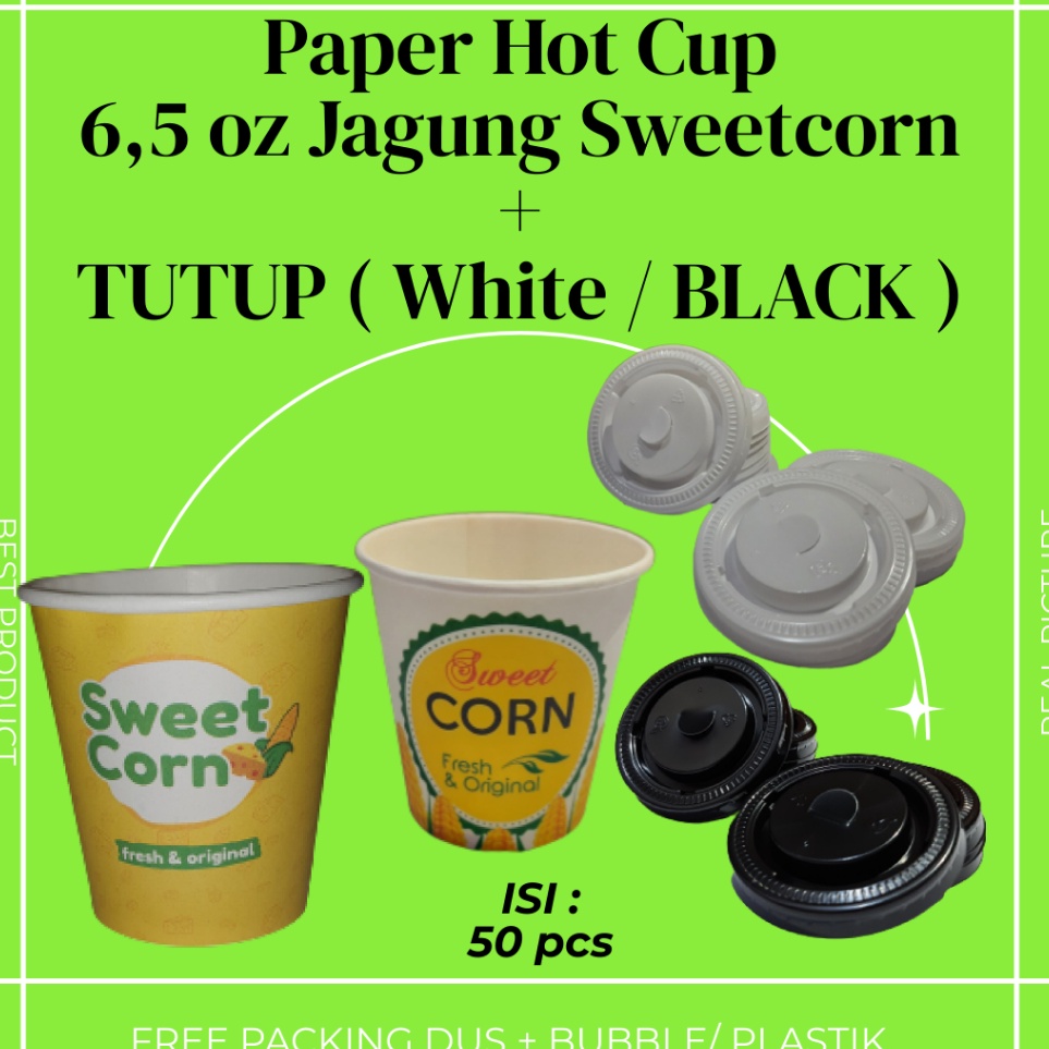 - Paper Hot Cup Jasuke 6,5 oz 180 ml + Tutup Putih isi 50 pcs Motif Jagung Sweet Corn Gelas Kertas UMKM p Murah ★★.