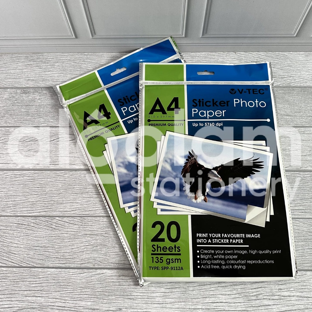 

[ART. O63N] SATU PACK ( 20 LEMBAR ) Kertas Foto Stiker A4 V-Tec 135 Gsm Sticker Photo Paper A4 Vtec 135Gsm