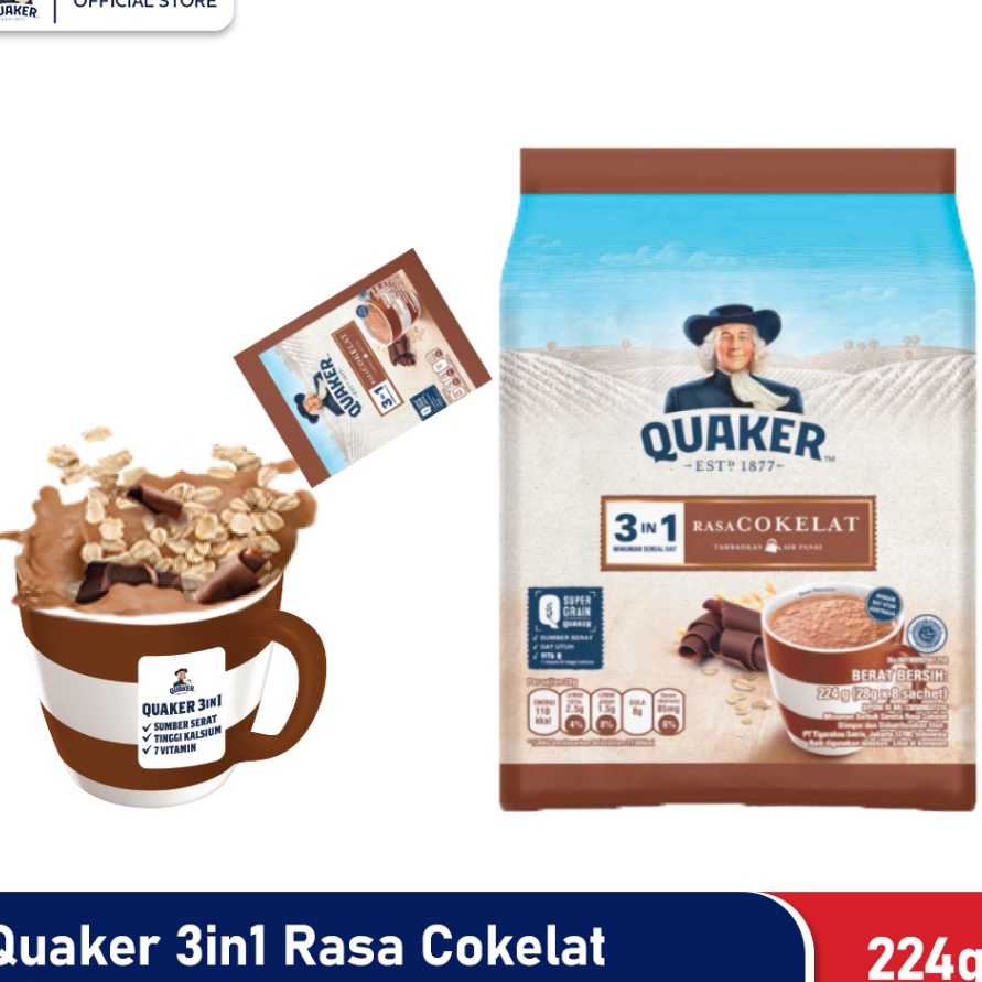 

✨MEN SALE✨ Quaker 3in1 Chocolate Polybag 224g Minuman Sereal Oats (Isi 8 sachet) serbuuu !