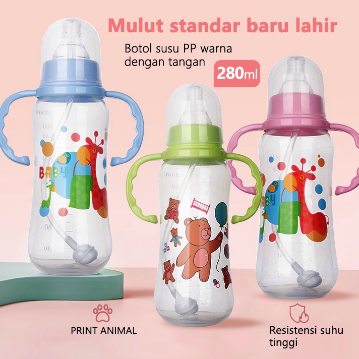New Stock Botol Susu Bayi 280ml 0-9 bulan Botol Bayi Standard Neck PP Baby Bottle dengan pegangan Do