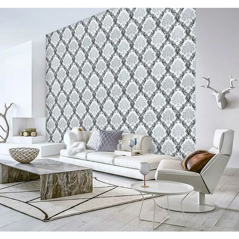 Wallpaper Sticker Dinding Putih Batik Hitam Silver