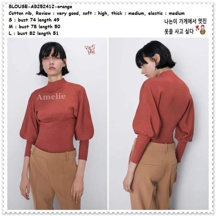 [New] Ab252412 Baju Atasan Rajut Wanita Blouse Lengan Panjang Korea Orange Terbatas