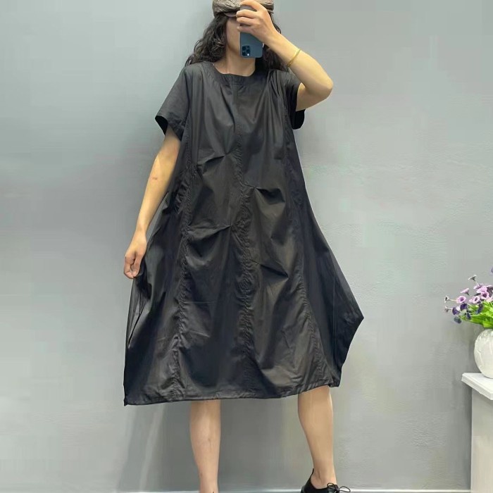 [Ori] Dress Midi Katun Poplin Premium Hitam Oversize Kerut Asimetris Korea Berkualitas