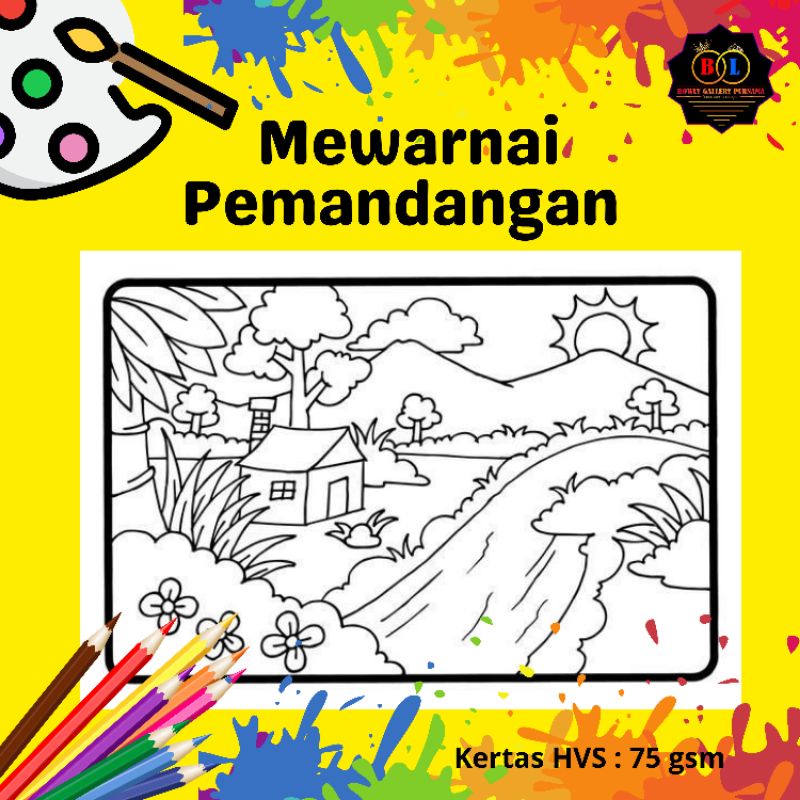 kertas mewarnai gambar pemandangan part 1 / A4/ A5