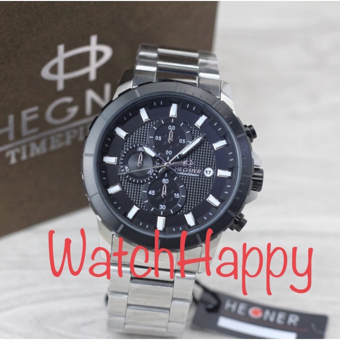 ✅New Ori Jam Tangan Pria Hegner 1702 Hw 1702 Hw1702 Silver Black Chrono Sport Berkualitas