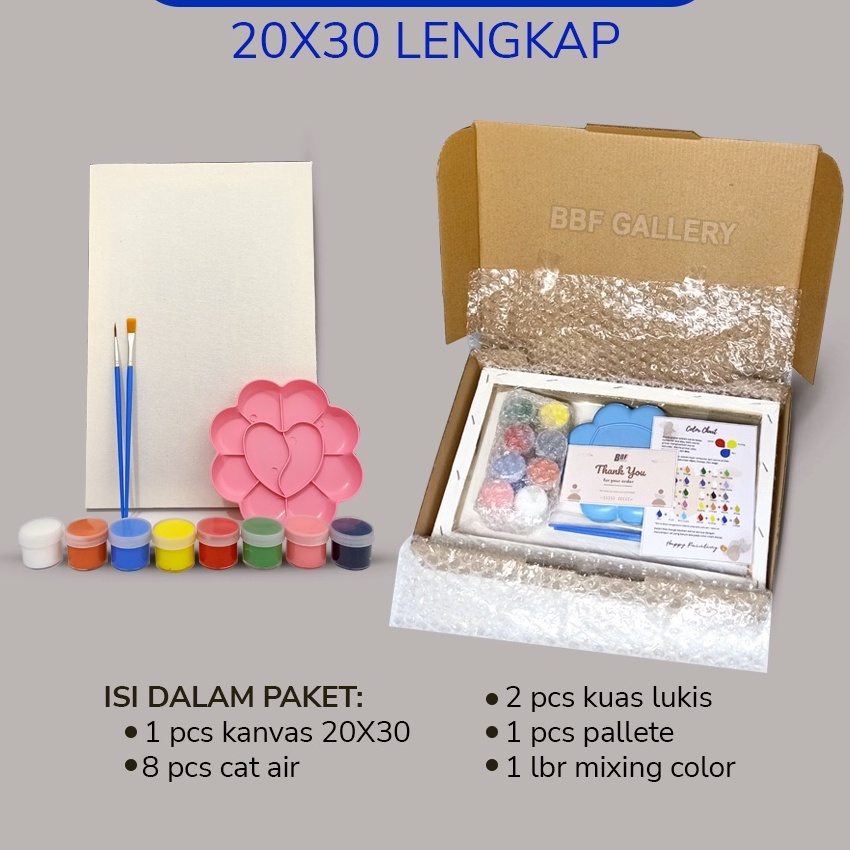 

[V94◆) Kanvas lukis putih 20x30 cm lengkap dengan 8 cat air akrilik palet dan 2 pcs kuas flat & round Set melukis lengkap paket lengkap melukis mewarnai canvas.