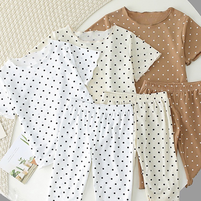 [U52㊚) [PRINCESS KESLI] 0-7 Tahun Piyama One Set Polkadot Untuk Anak Baju Tidur Bahan Rib yang Lembu